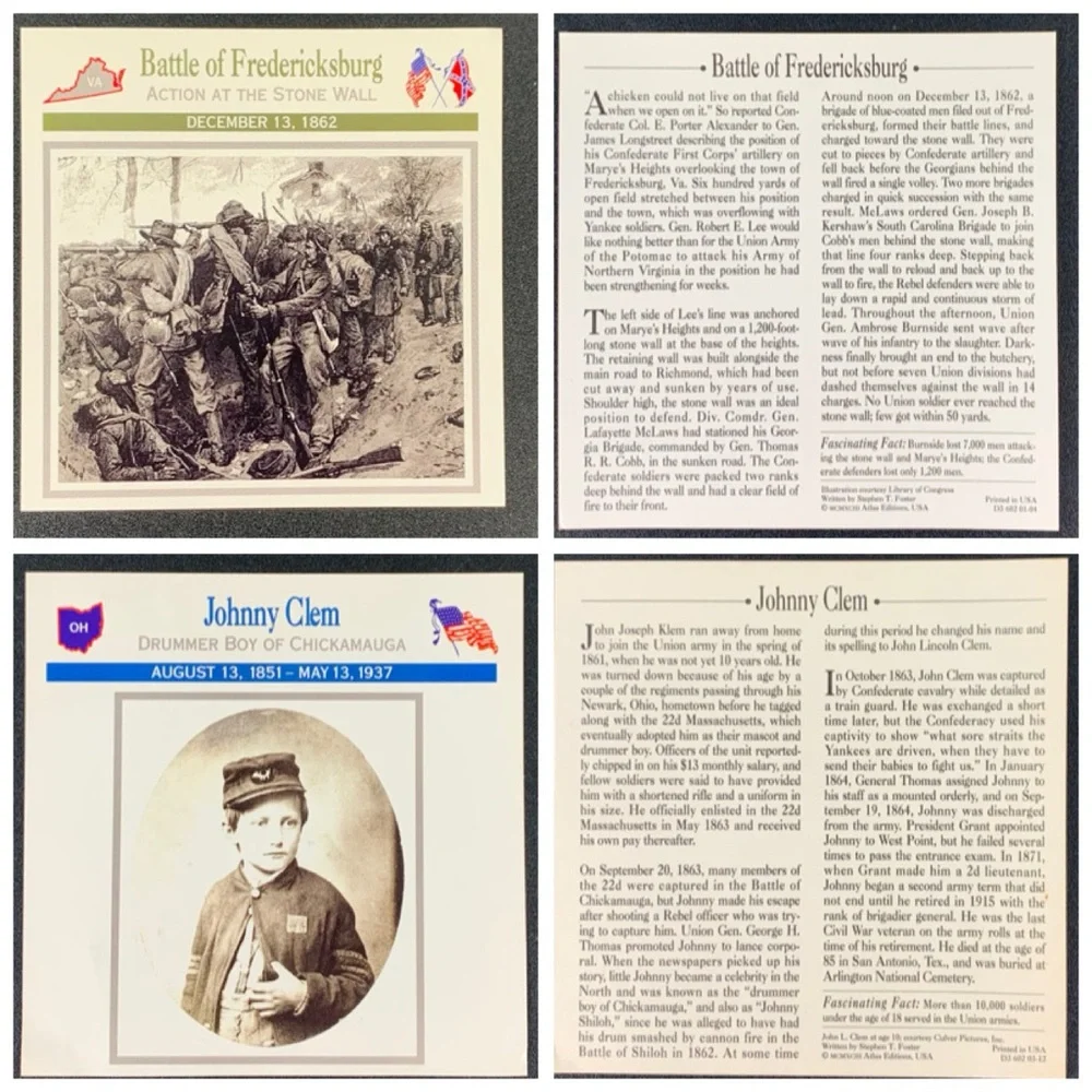 Set of 8 Stephen T. Foster Civil War information cards.